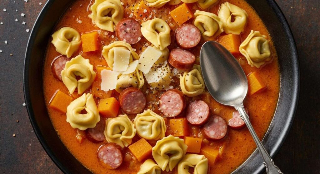 Recette de soupe mijotée aux tortellinis, courge et saucisse