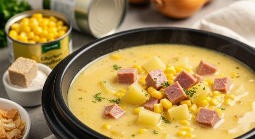 Chaudrée de jambon, pommes de terre et maïs à la mijoteuse : recette facile