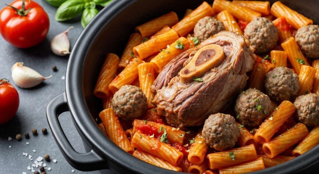 Rigatonis à la sauce tomate, jarret de porc et boulettes de saucisses à la mijoteuse