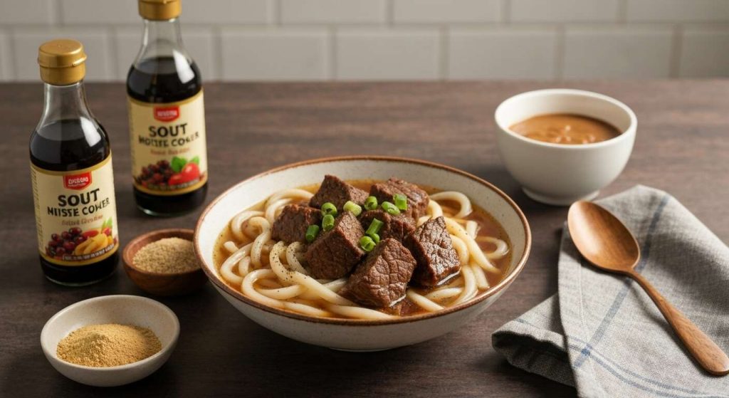 Soupe au boeuf et nouilles udon à la mijoteuse : recette savoureuse