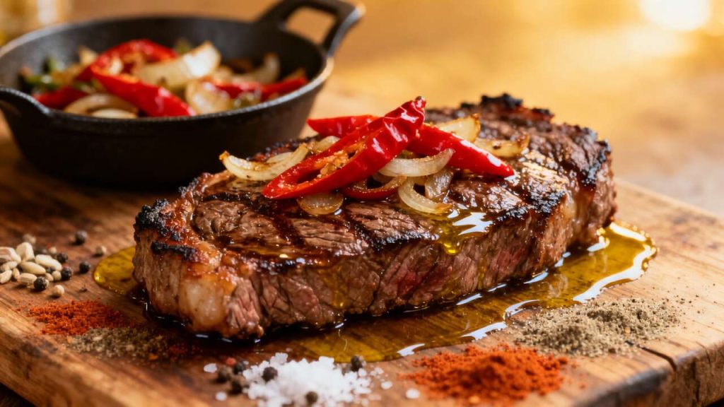 Steak mijoté aux poivrons et oignons