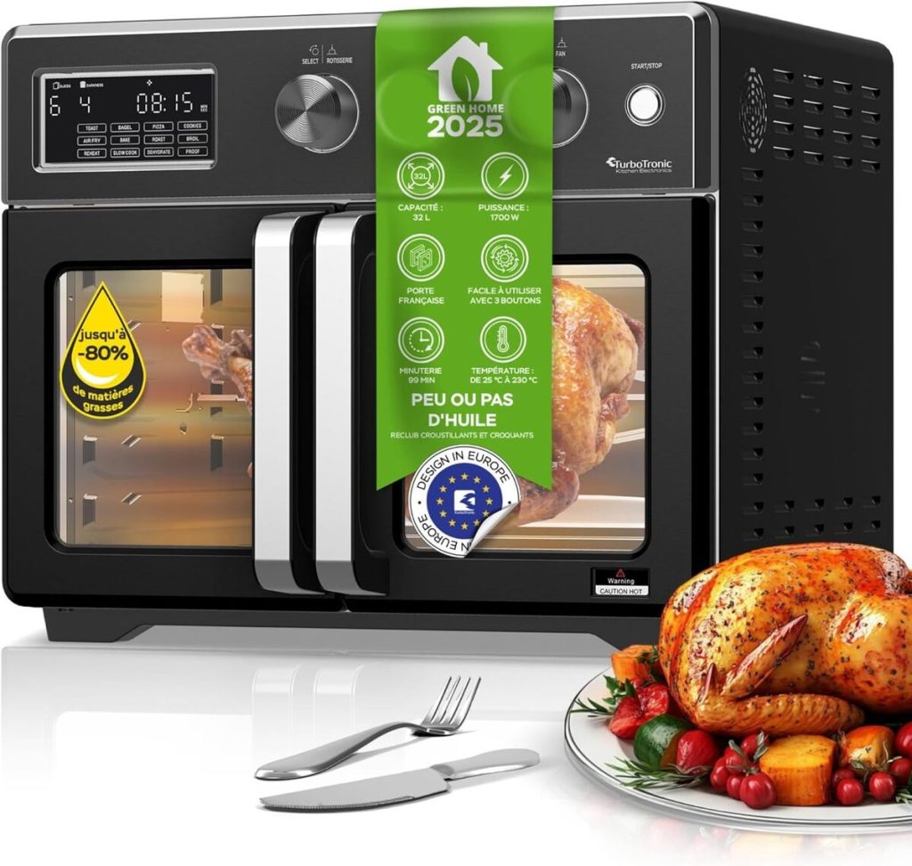 Test du TurboTronic mini four 4 en 1 XXL 32 L avec tournebroche et friteuse à air