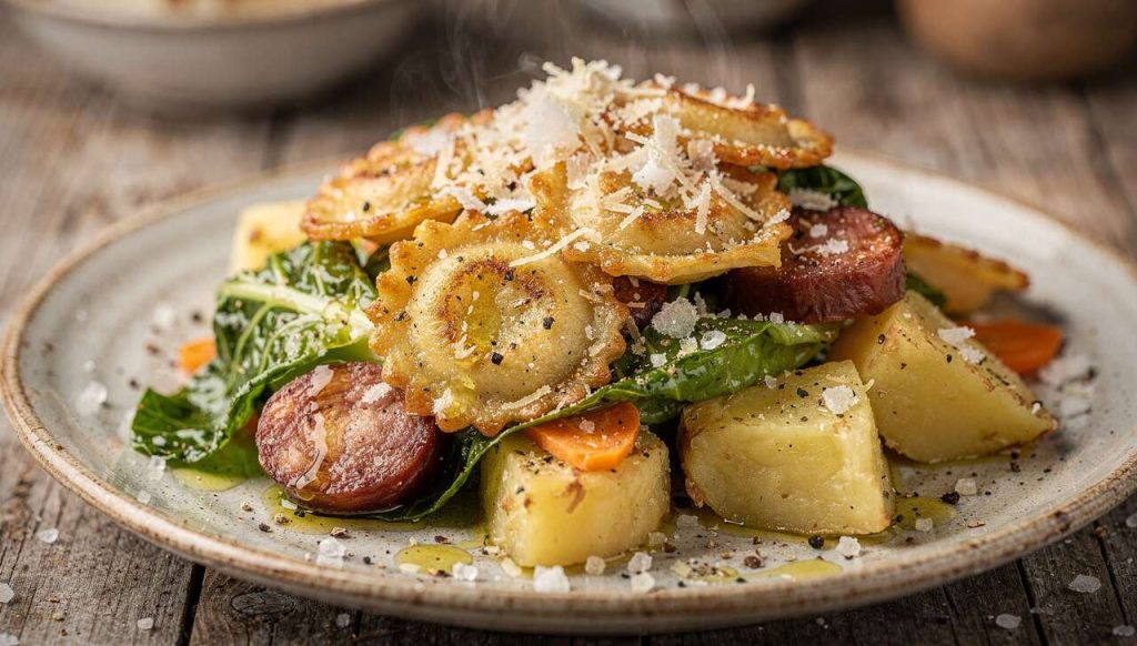 Potée montbéliarde aux ravioles poêlées, comté et chou