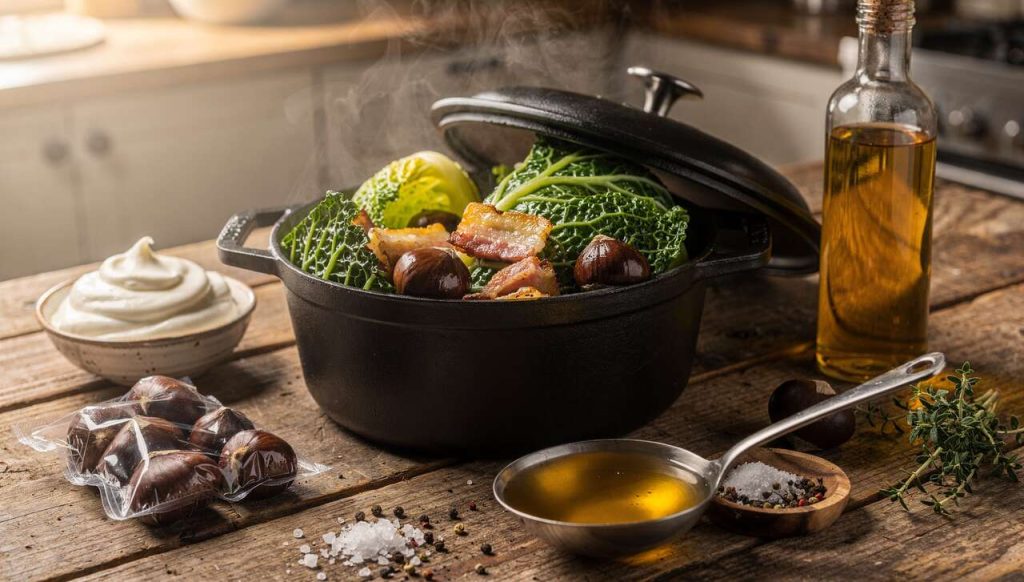 Cocotte de chou, lardons et châtaignes : recette gourmande