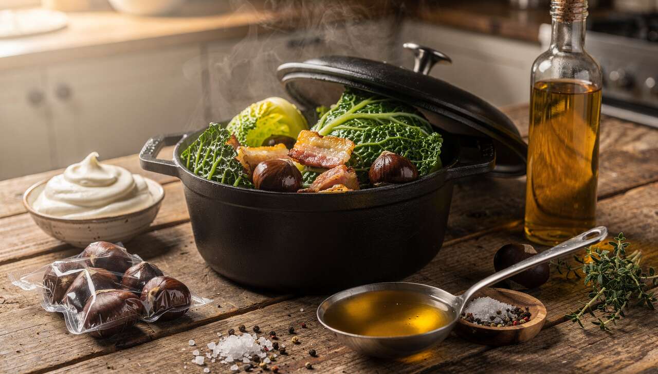 Cocotte de chou, lardons et châtaignes : recette gourmande