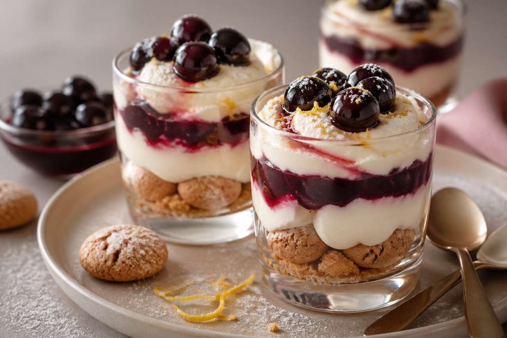 Recette verrines : cheesecake amaretti et cerises amarena