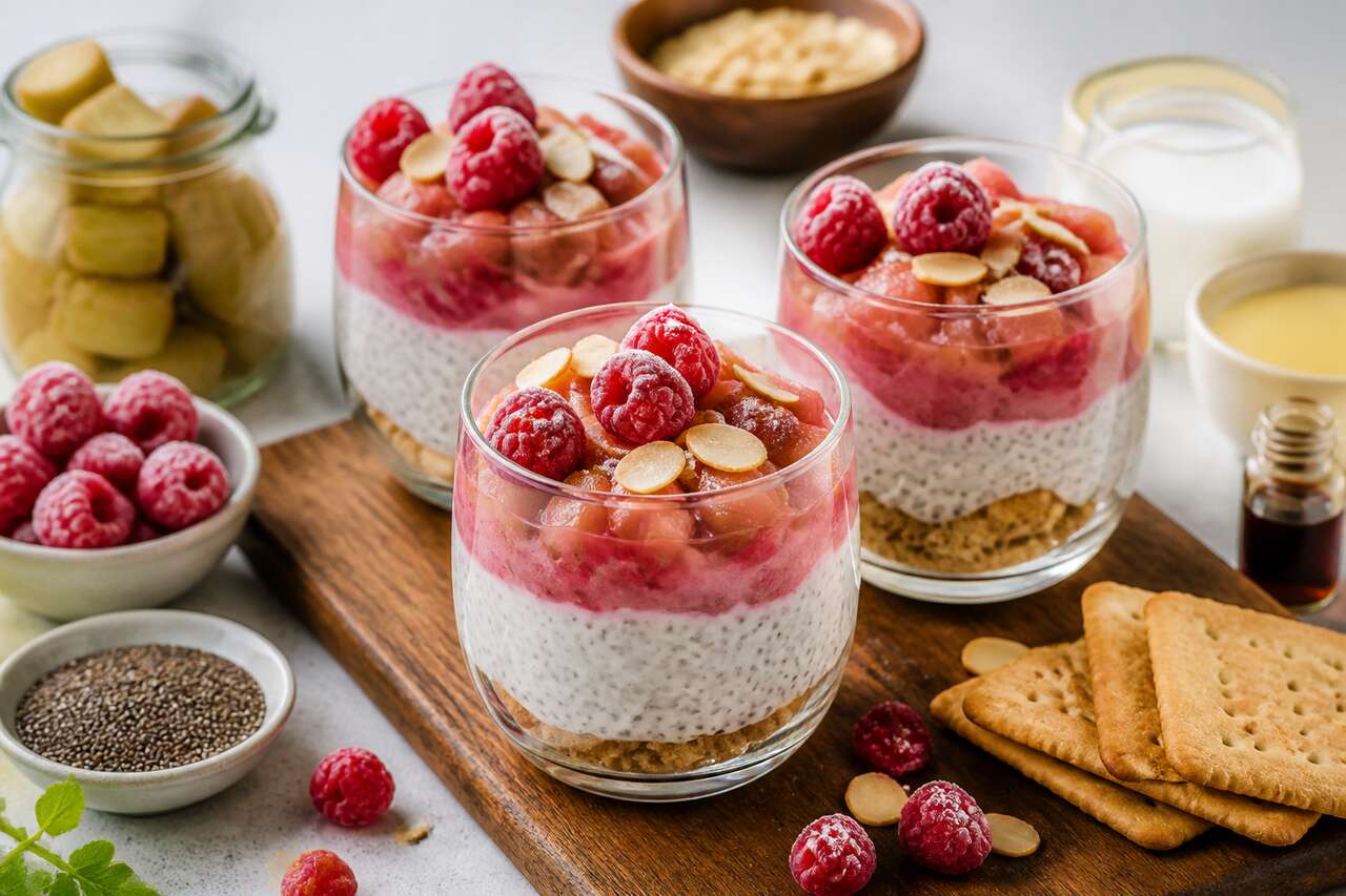 Verrine framboises rhubarbe façon pudding : recette gourmande