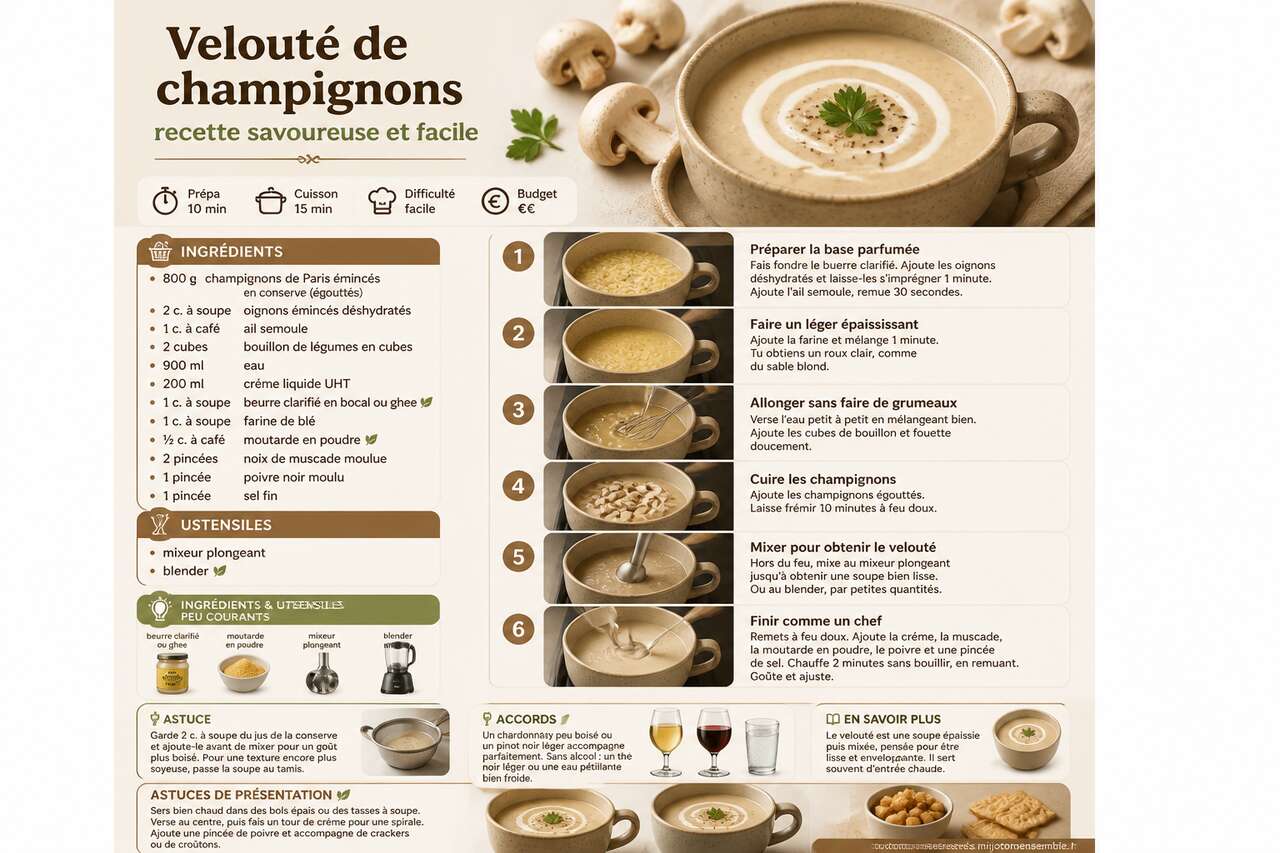 Fiche recette Velout&eacute; de champignons : recette savoureuse et facile