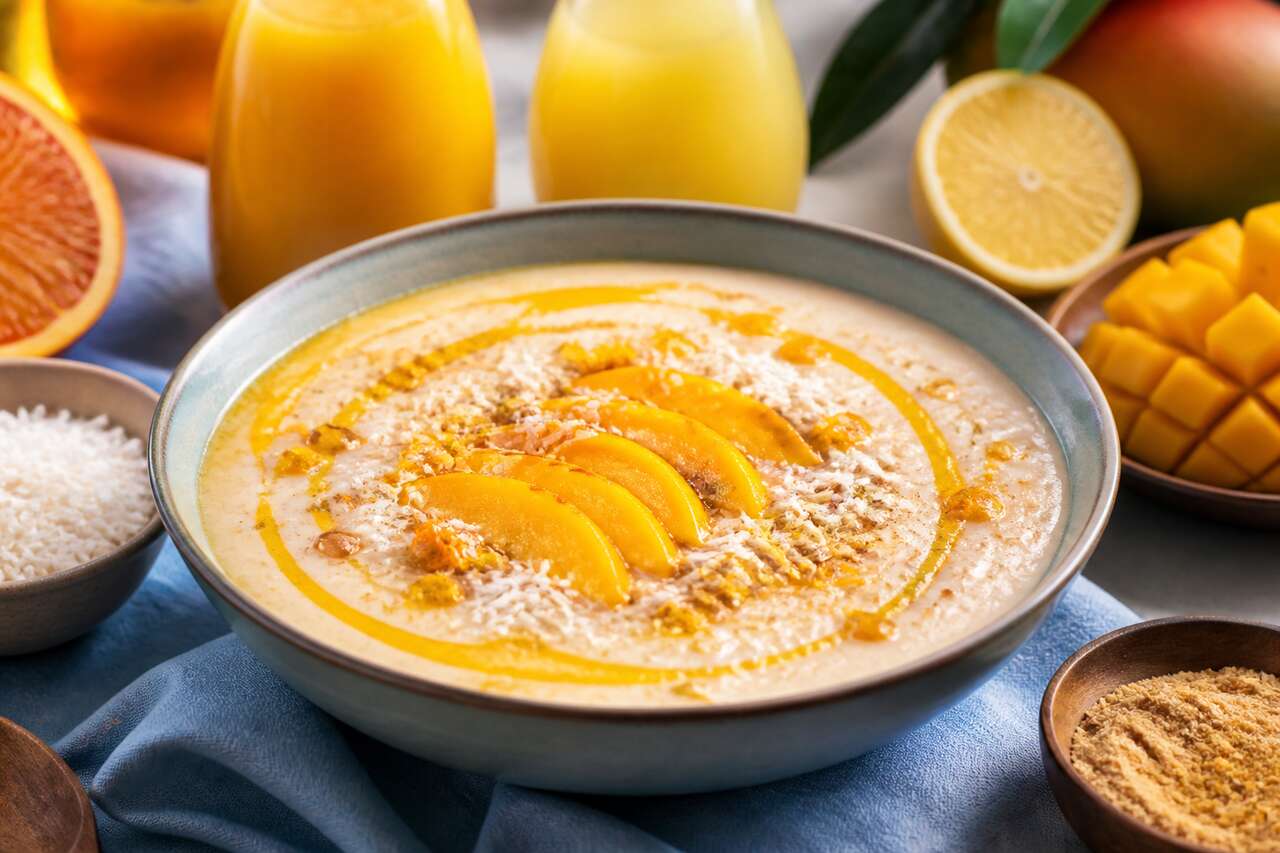 Soupe fraîche coco, orange et mangue : recette exotique