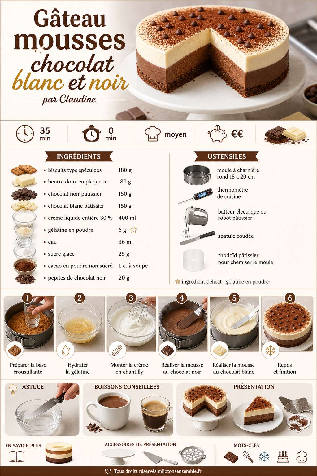 Fiche recette G&acirc;teau mousses chocolat blanc et noir par Claudine
