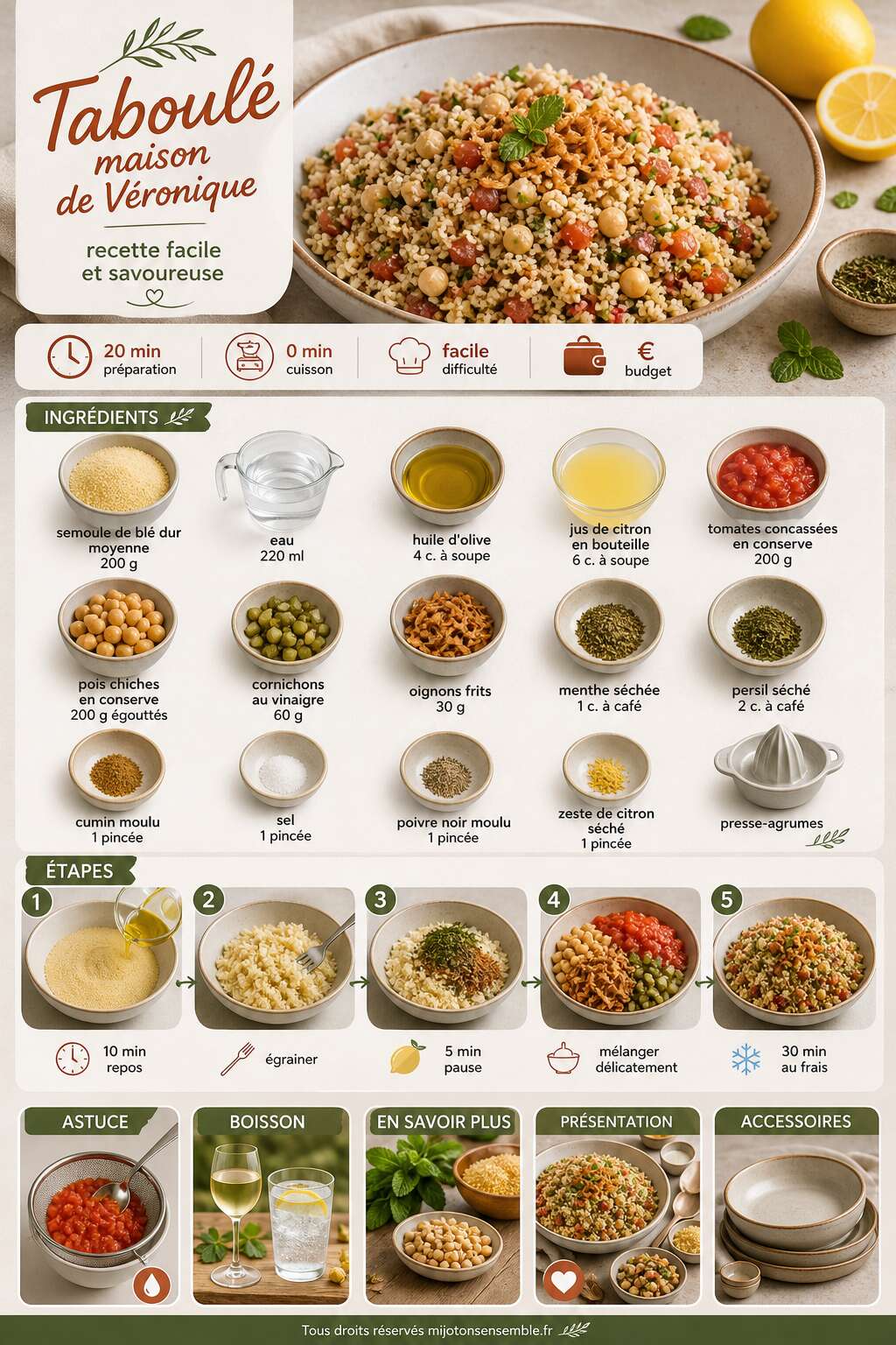 Fiche recette Taboul&eacute; maison de V&eacute;ronique : recette facile et savoureuse