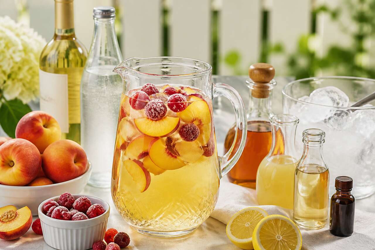 Recette de sangria blanche pétillante aux pêches et framboises