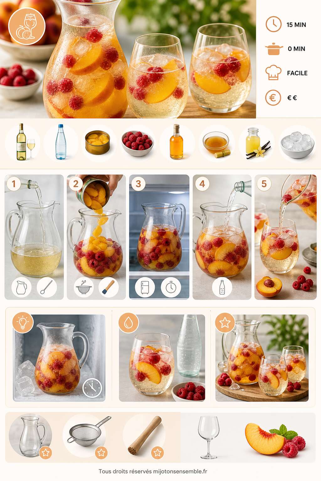 Fiche recette Recette de sangria blanche p&eacute;tillante aux p&ecirc;ches et framboises
