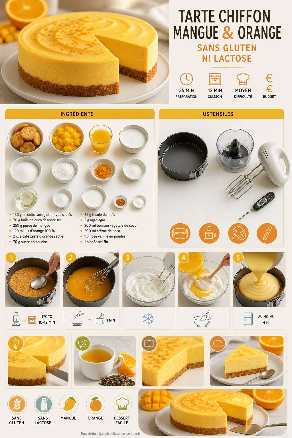 Fiche recette Recette : tarte chiffon mangue et orange sans gluten ni lactose