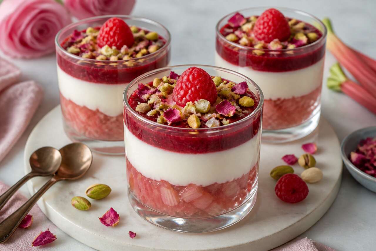 Verrine rhubarbe framboise parfumée à la rose : recette savoureuse