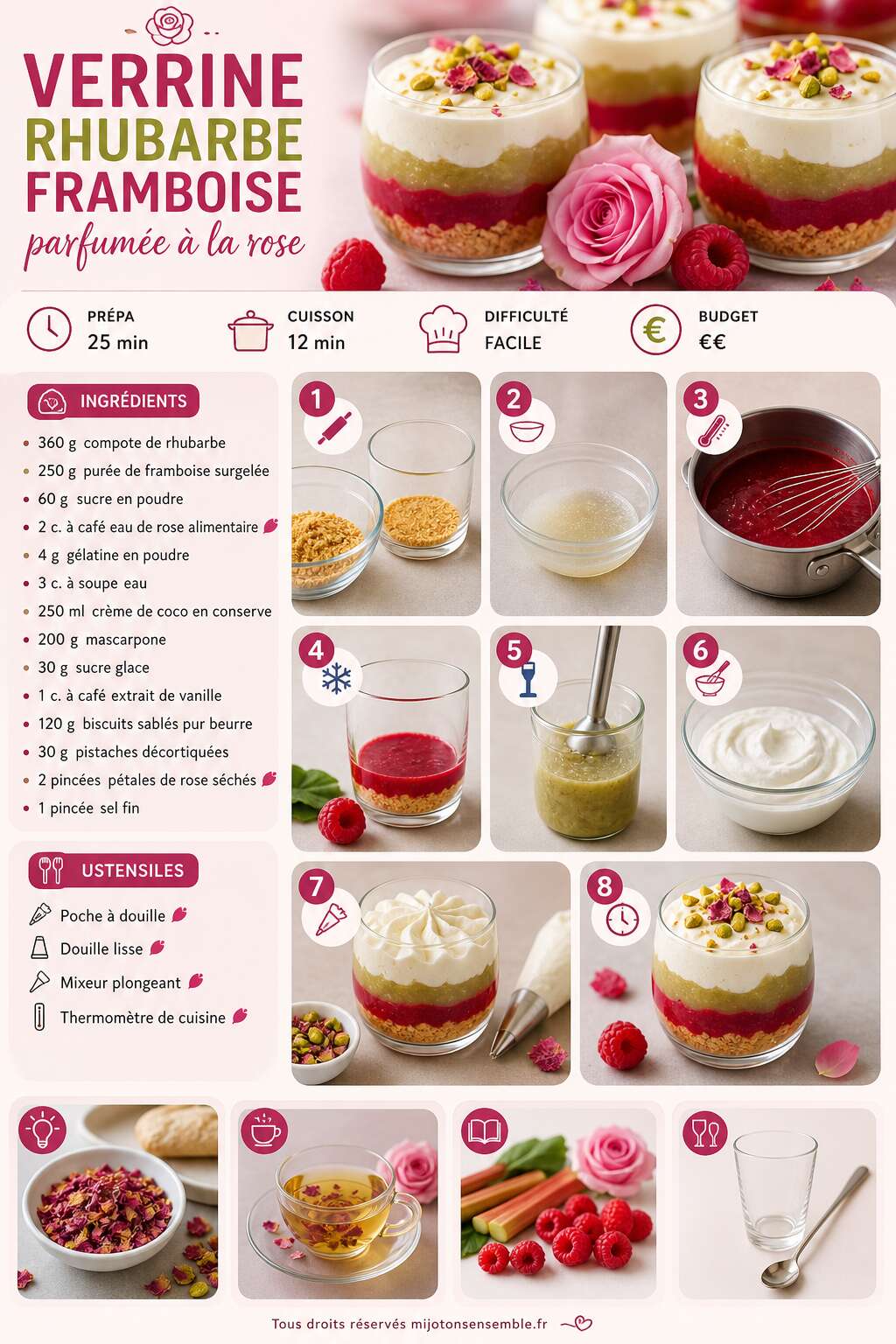 Fiche recette Verrine rhubarbe framboise parfumée à la rose : recette savoureuse Fiche recette Verrine rhubarbe framboise parfumée à la rose : recette savoureuse