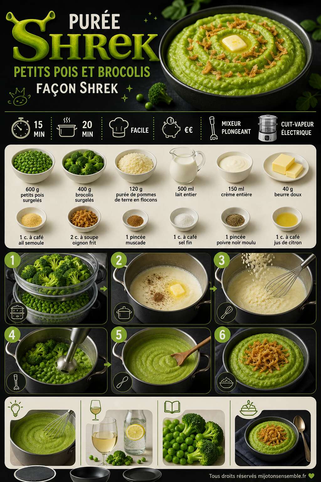 Fiche recette Pur&eacute;e petits pois et brocolis fa&ccedil;on Shrek