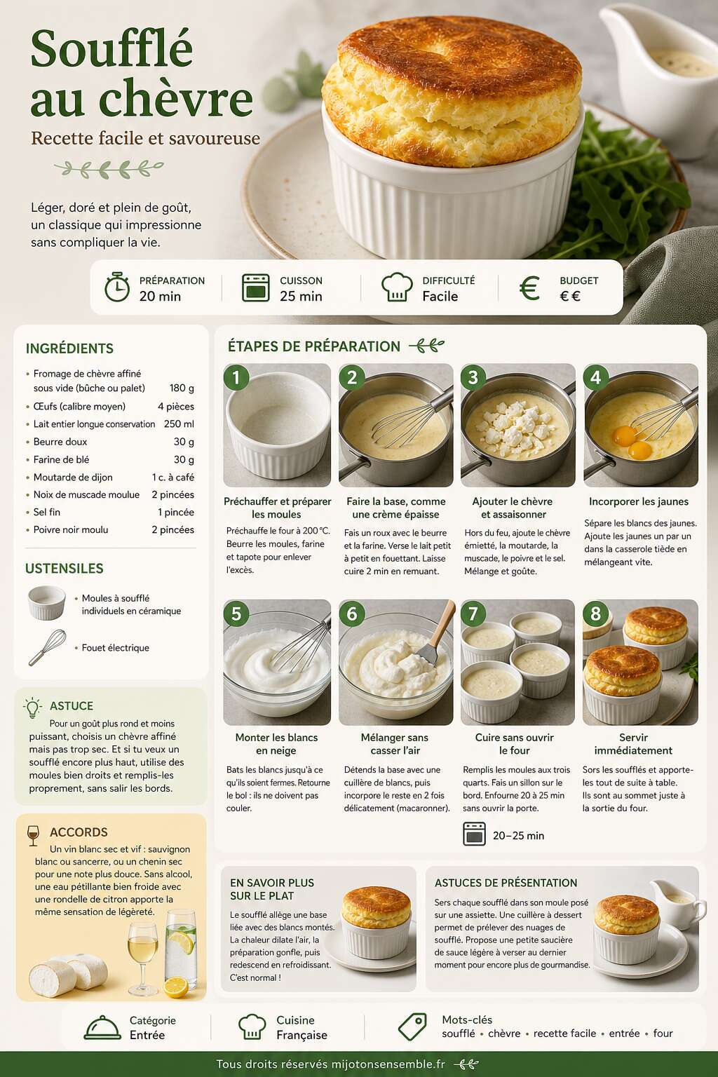 Fiche recette Souffl&eacute; au ch&egrave;vre : recette facile et savoureuse