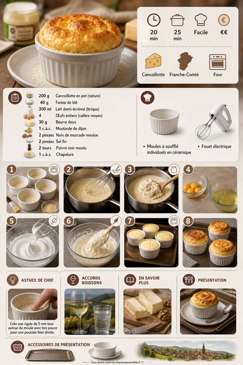 Fiche recette Soufflés au fromage : recette facile à la cancoillotte Fiche recette Soufflés au fromage : recette facile à la cancoillotte