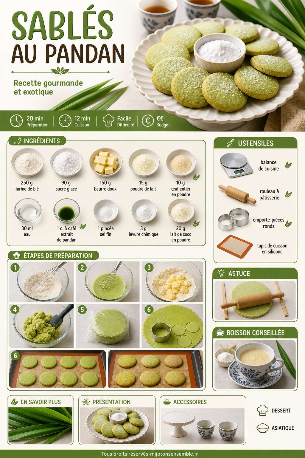 Fiche recette Sablés au pandan : recette gourmande et exotique Fiche recette Sablés au pandan : recette gourmande et exotique