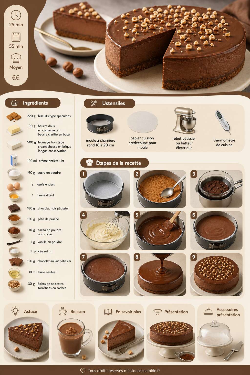 Fiche recette Cheesecake chocolat praliné : recette gourmande de Nawel Fiche recette Cheesecake chocolat praliné : recette gourmande de Nawel