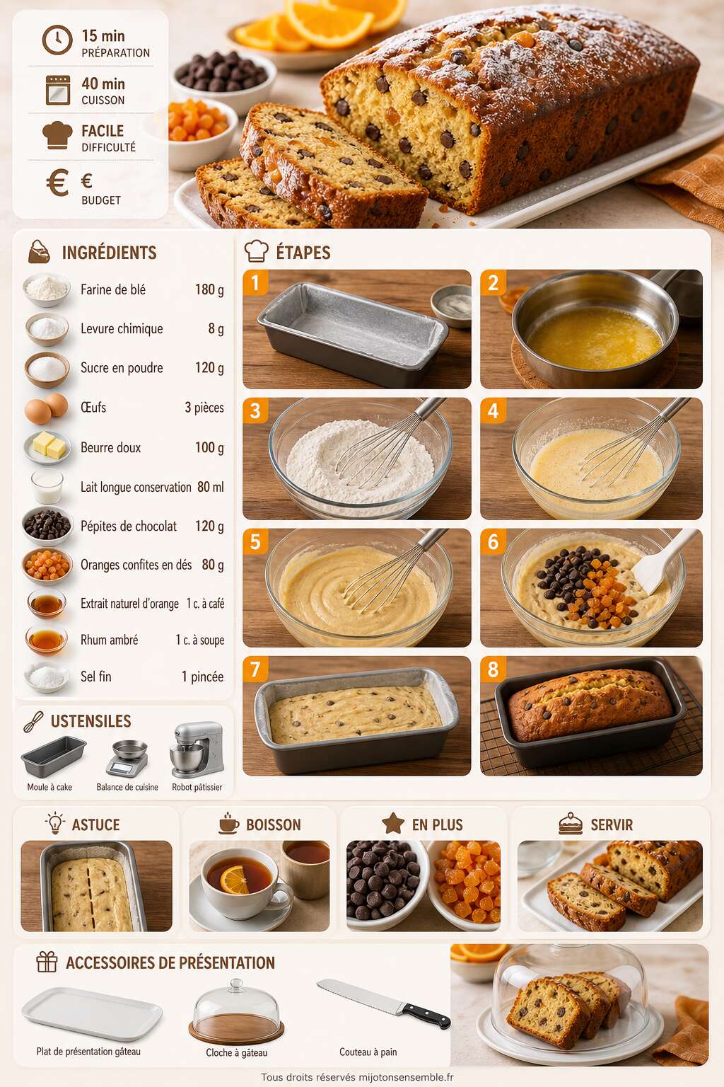 Fiche recette Cake aux pépites de chocolat et oranges confites : recette facile et gourmande Fiche recette Cake aux pépites de chocolat et oranges confites : recette facile et gourmande