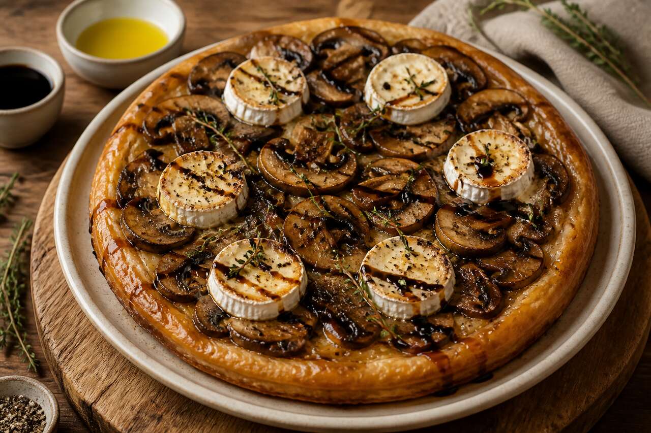Tarte tatin aux champignons de paris, miel et chèvre