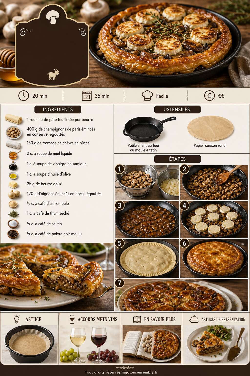 Fiche recette Tarte tatin aux champignons de paris, miel et ch&egrave;vre