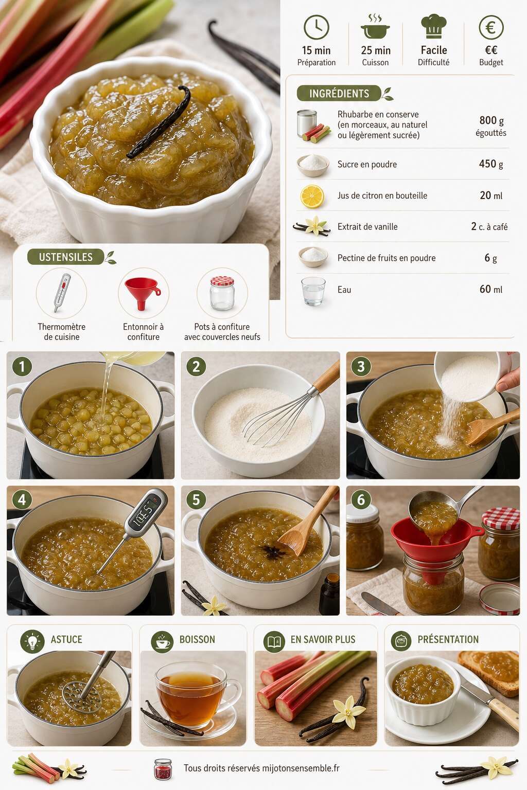 Fiche recette Recette de confiture de rhubarbe &agrave; la vanille