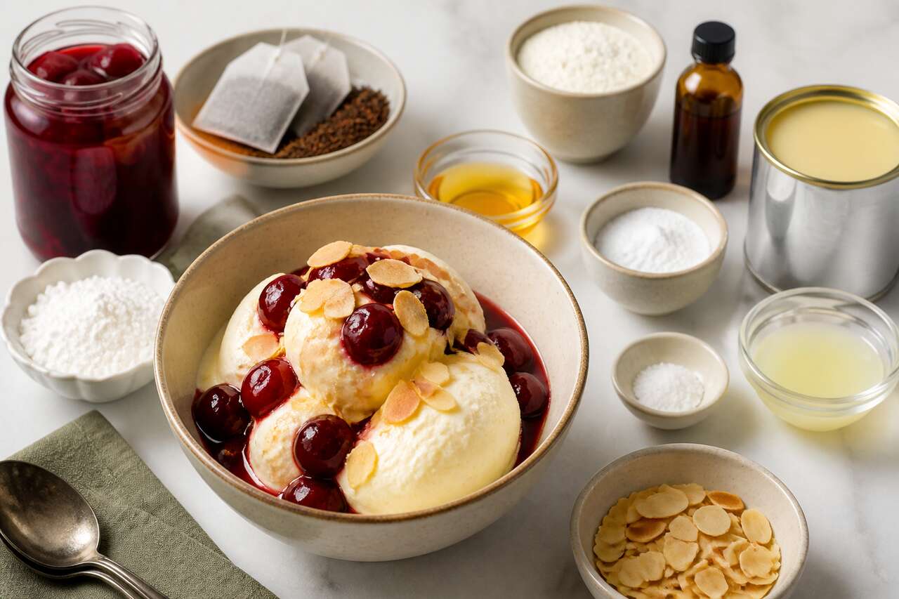 Recette de cerises au rooibos, sorbet au fromage blanc