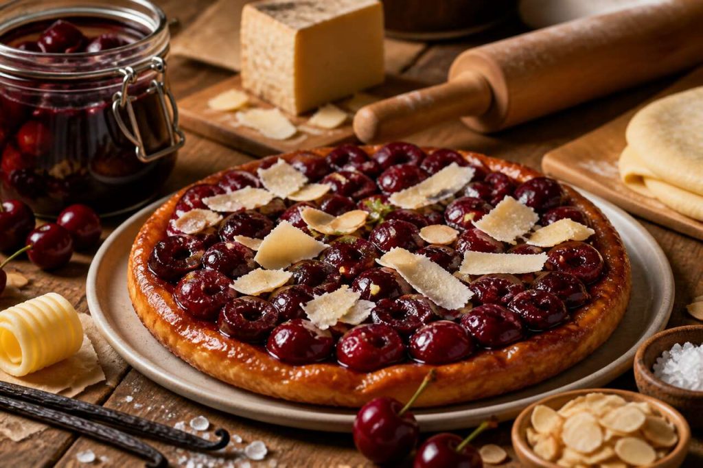 Tarte tatin à la cerise et à la tomme de brebis basque