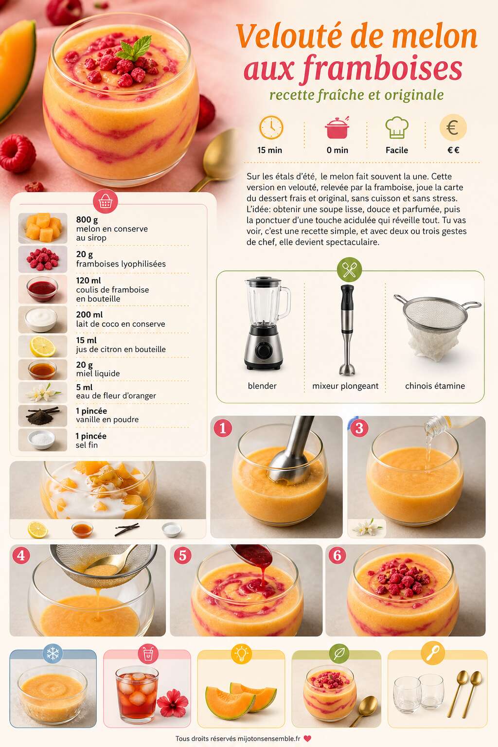 Fiche recette Velout&eacute; de melon aux framboises : recette fra&icirc;che et originale
