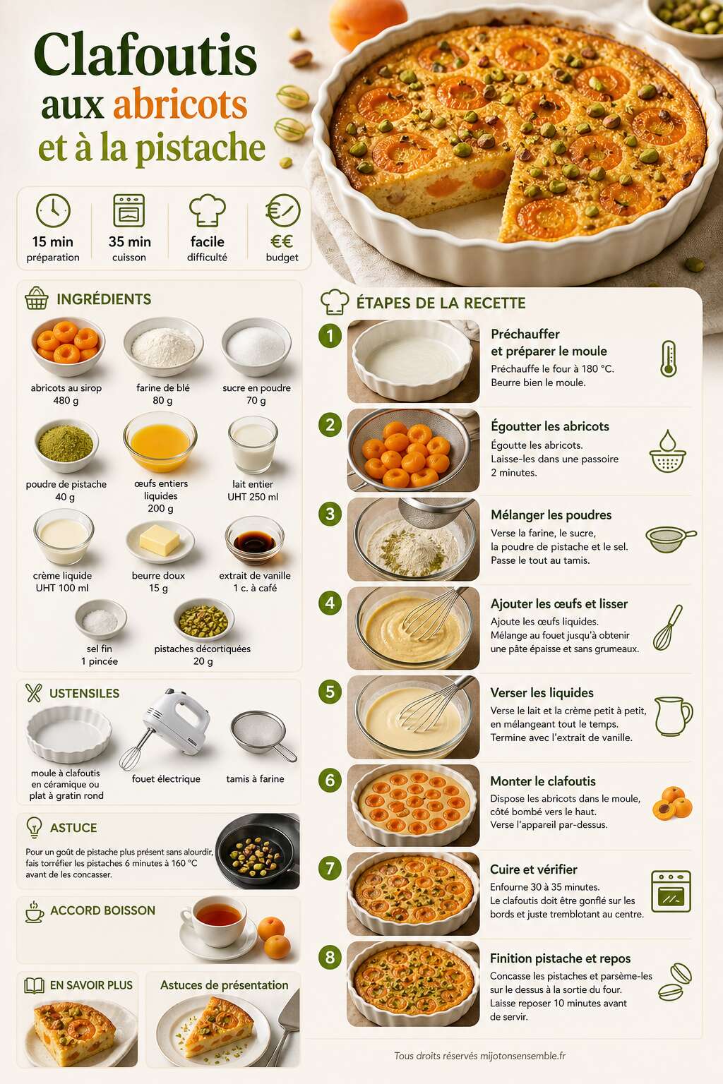 Fiche recette Recette du clafoutis aux abricots et &agrave; la pistache