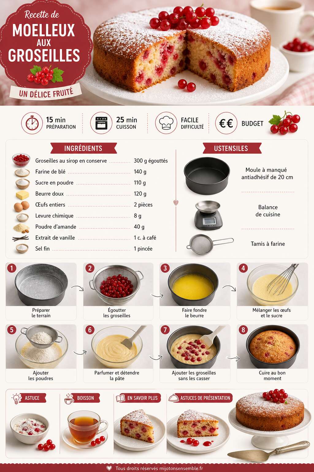 Fiche recette Recette de moelleux aux groseilles : un délice fruité Fiche recette Recette de moelleux aux groseilles : un délice fruité