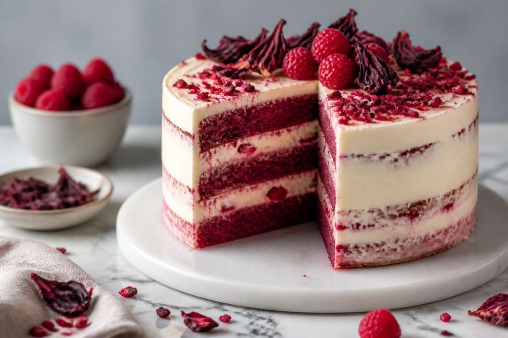 Recette du layer cake hibiscus et framboises