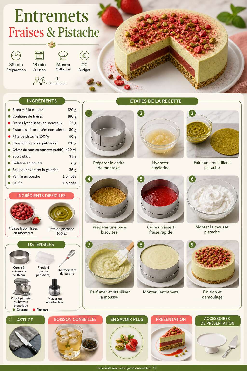Fiche recette Recette d'entremets fraises et pistache Fiche recette Recette d'entremets fraises et pistache