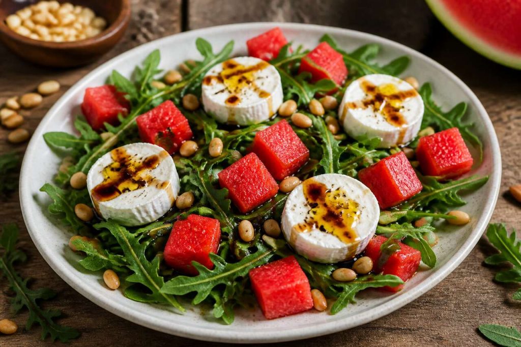 Recette : salade roquette, pastèque, pignons et chèvre