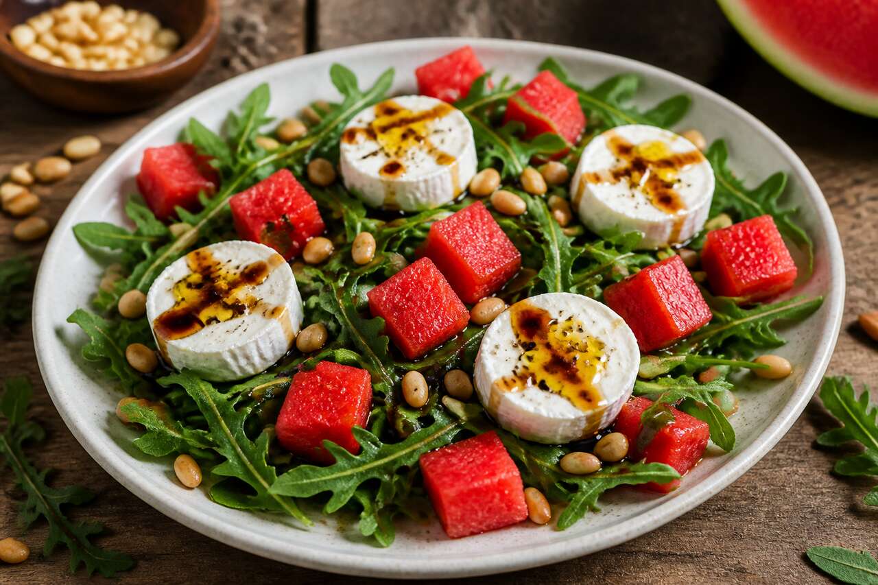 Recette : salade roquette, pastèque, pignons et chèvre