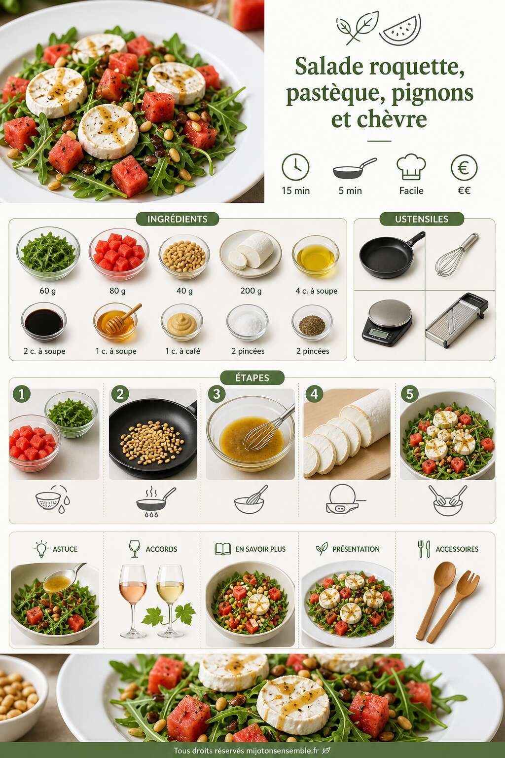 Fiche recette Recette : salade roquette, past&egrave;que, pignons et ch&egrave;vre