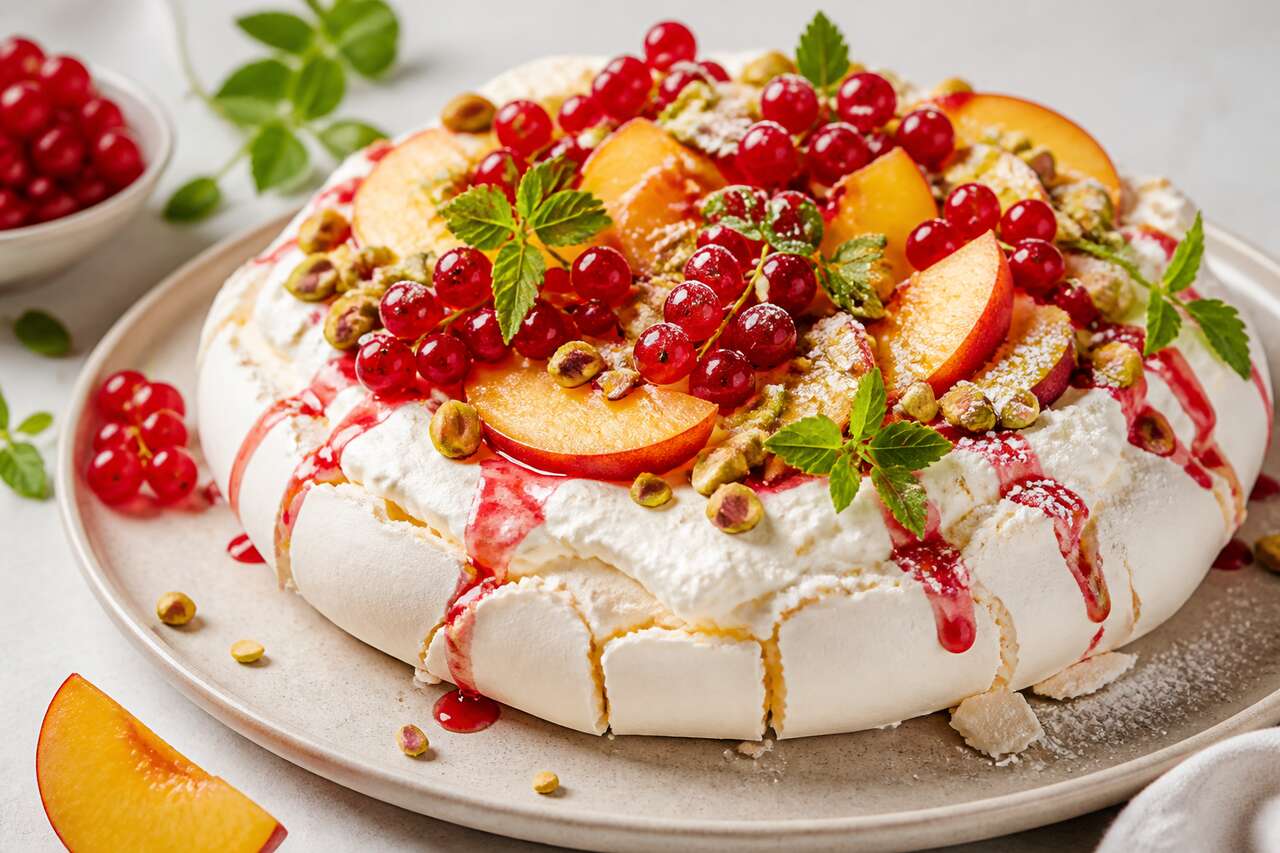 Recette de pavlova aux groseilles, pêches et verveine citronnelle