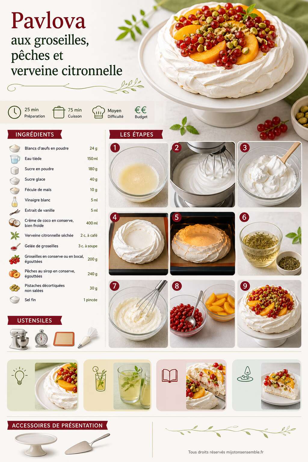 Fiche recette Recette de pavlova aux groseilles, pêches et verveine citronnelle Fiche recette Recette de pavlova aux groseilles, pêches et verveine citronnelle