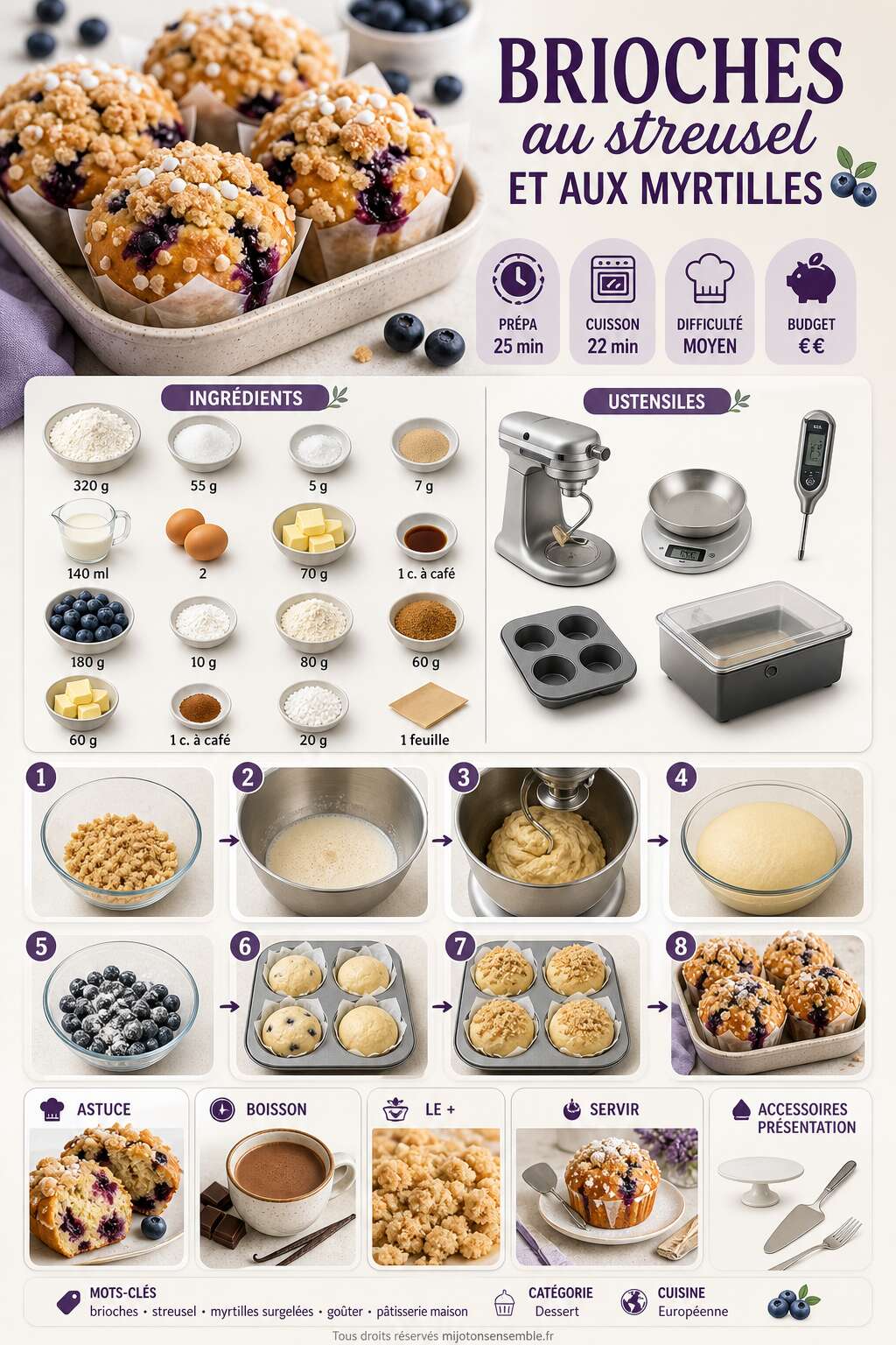 Fiche recette Recette de brioches au streusel et aux myrtilles