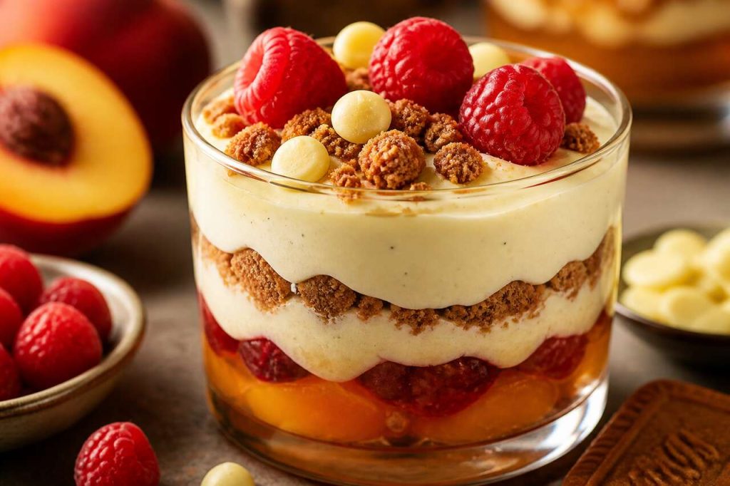 Recette d'entremets pêche Melba : pêche, framboise et vanille