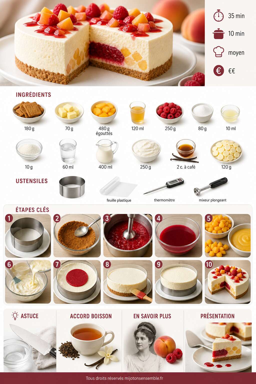 Fiche recette Recette d'entremets pêche Melba : pêche, framboise et vanille Fiche recette Recette d'entremets pêche Melba : pêche, framboise et vanille