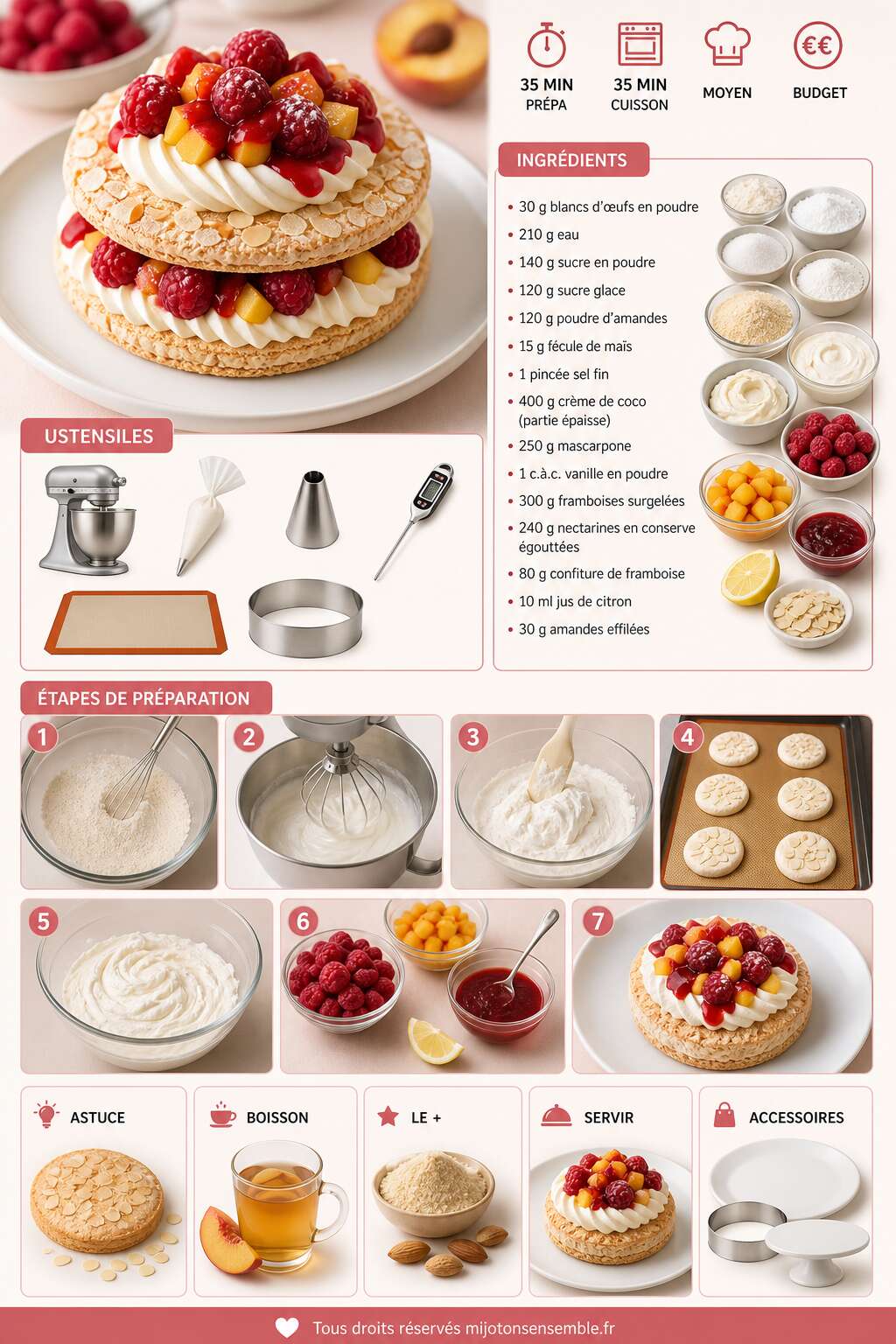 Fiche recette Recette de dacquoises aux framboises et nectarines Fiche recette Recette de dacquoises aux framboises et nectarines