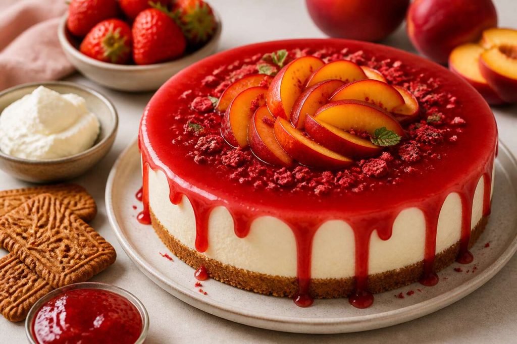 Cheesecake à la nectarine, coulis de fraises : recette délicieuse