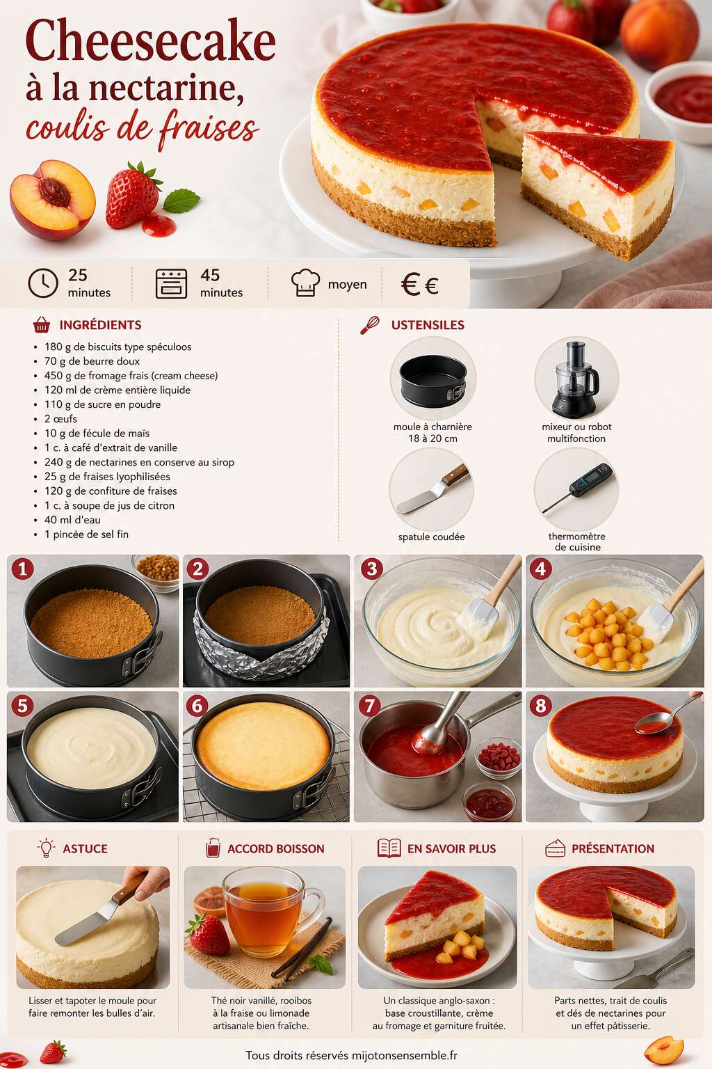 Fiche recette Cheesecake &agrave; la nectarine, coulis de fraises : recette d&eacute;licieuse