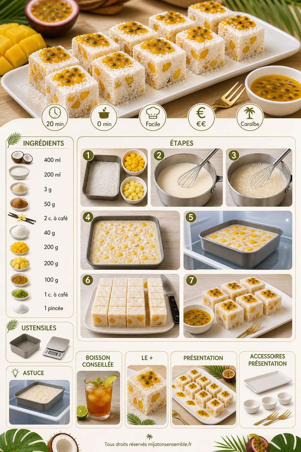 Fiche recette Recette de cubes coco vanille aux fruits exotiques Fiche recette Recette de cubes coco vanille aux fruits exotiques