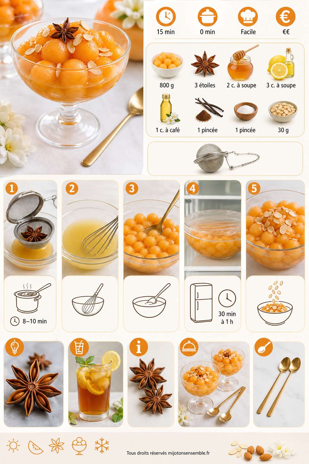 Fiche recette Salade de melon à l'anis étoilé : recette rafraîchissante Fiche recette Salade de melon à l'anis étoilé : recette rafraîchissante