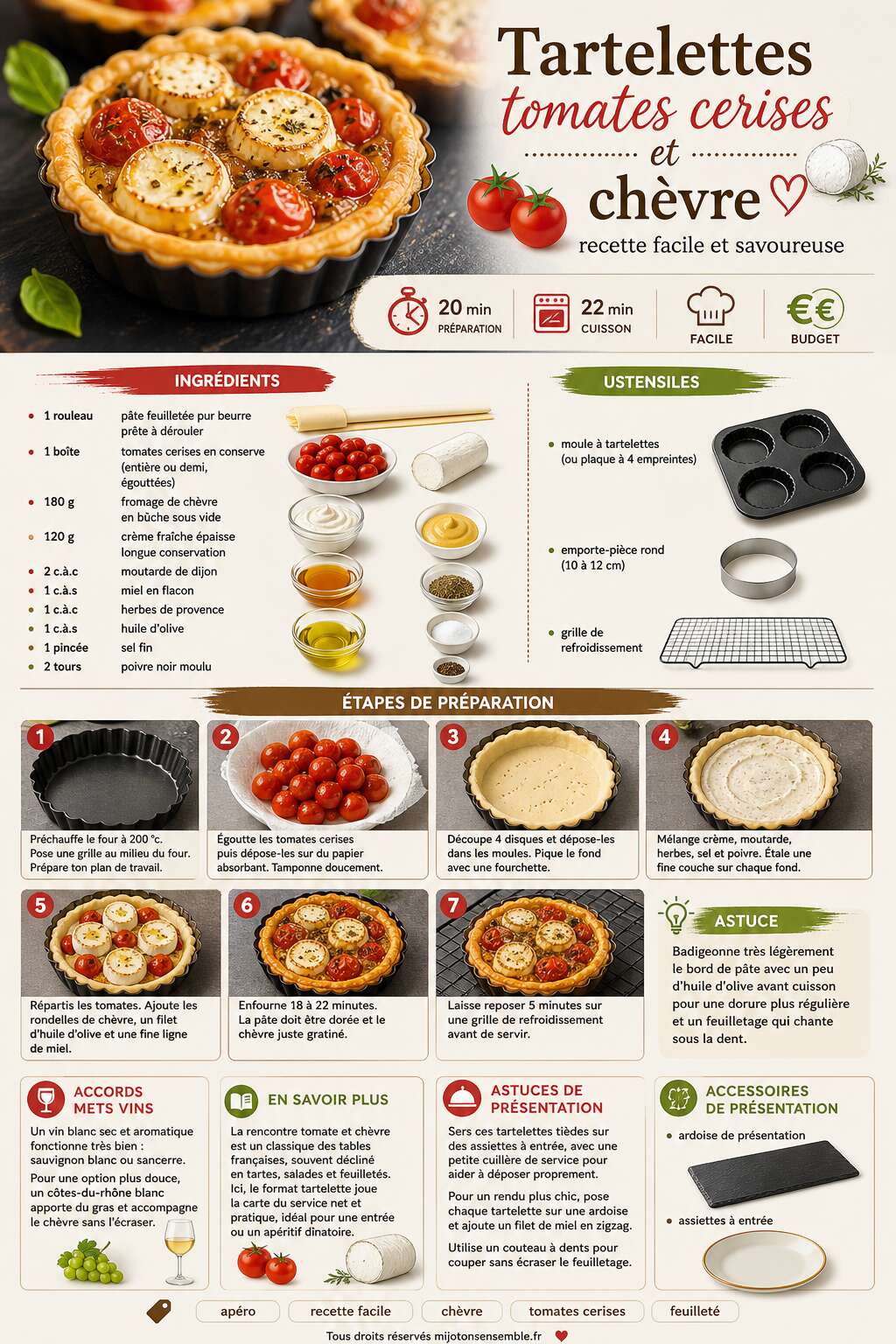 Fiche recette Tartelettes tomates cerises et chèvre : recette facile et savoureuse Fiche recette Tartelettes tomates cerises et chèvre : recette facile et savoureuse